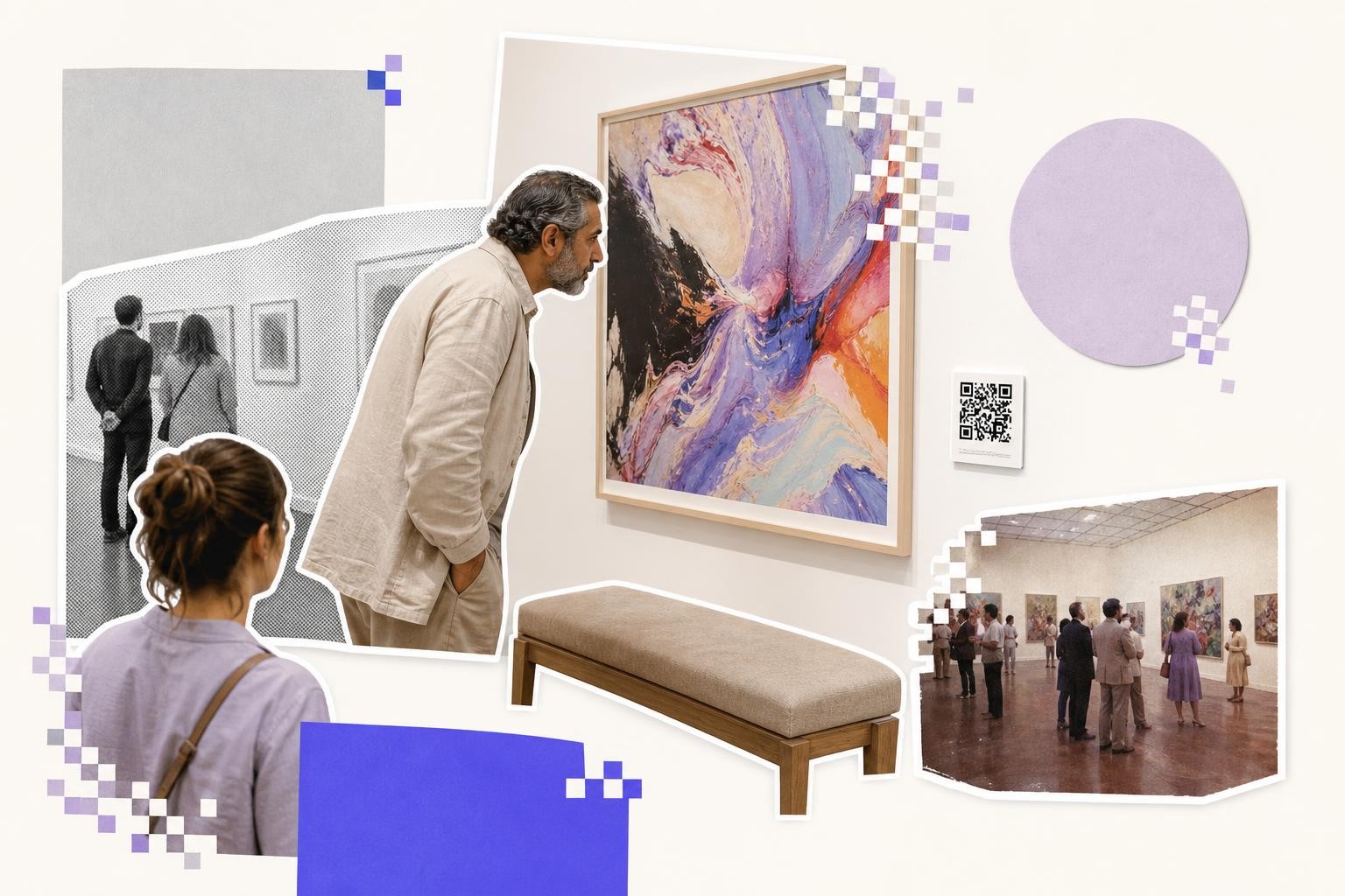 Visitors looking at an abstract print in a bright gallery, a small label card with a QR code on the wall beside it