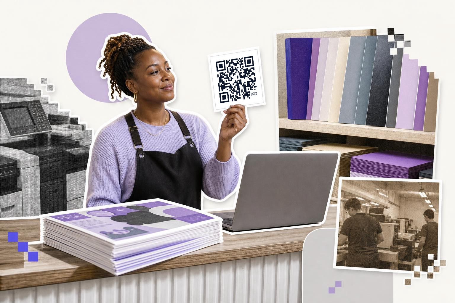 Woman in apron holds QR code card at a counter with a laptop and paper stacks.