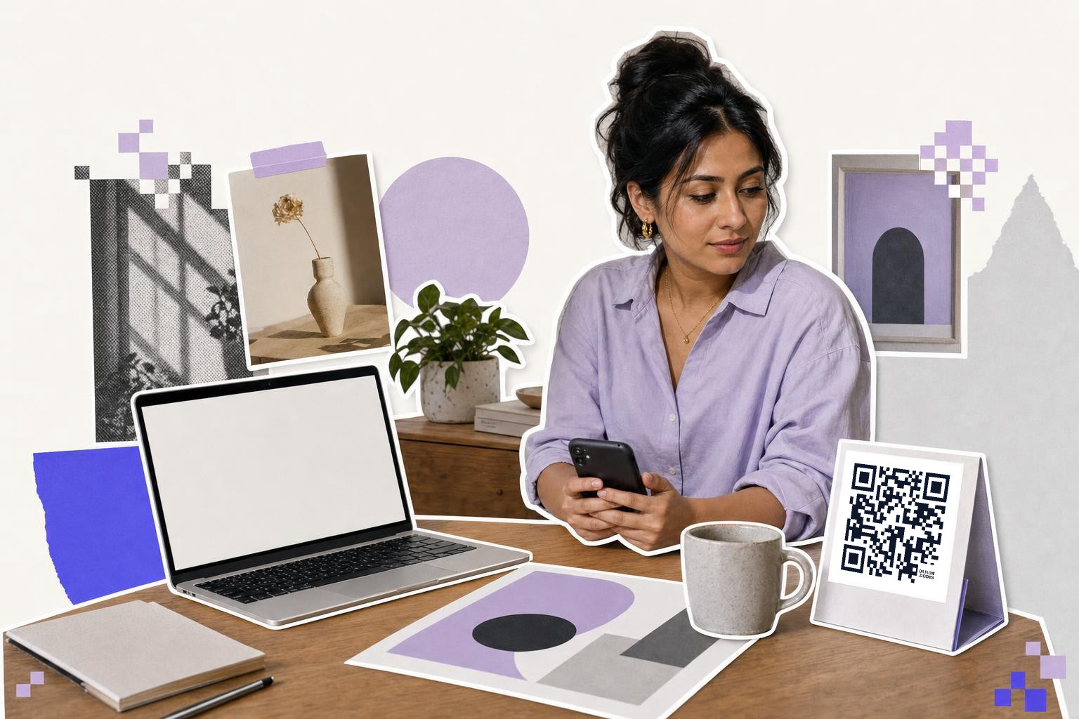 Woman holding phone at desk with laptop, mug, and ai qr code card, surrounded by art and plants.