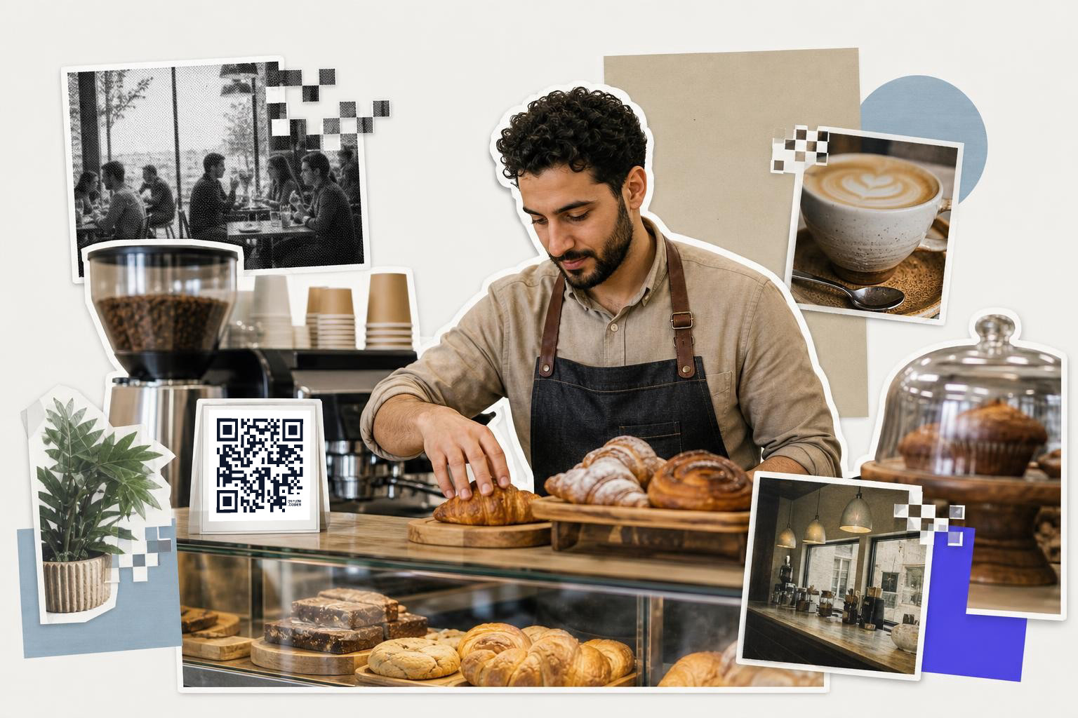Barista arranging pastries in a cafe with a QR code card on the counter.