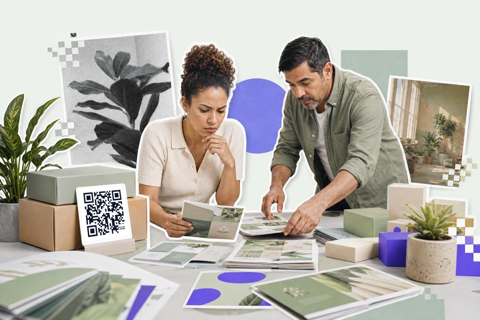Two people reviewing printed materials at a table with a QR code on a box.