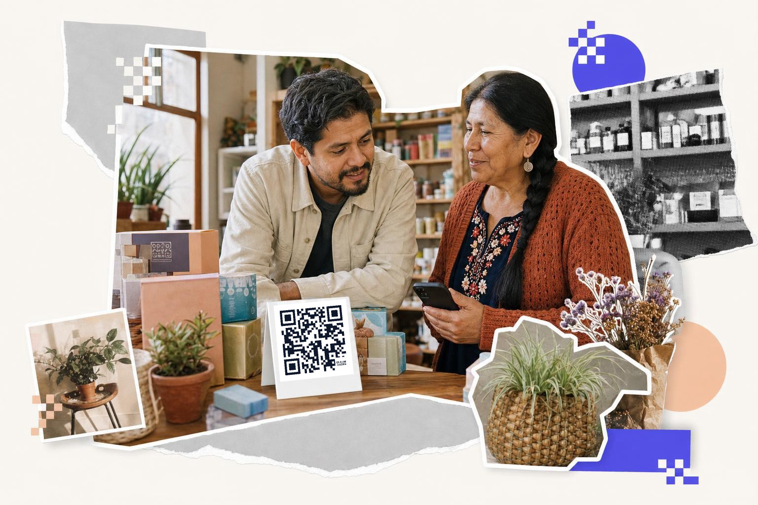 Two people in a store discussing qr code promotions with plants and products on the counter.