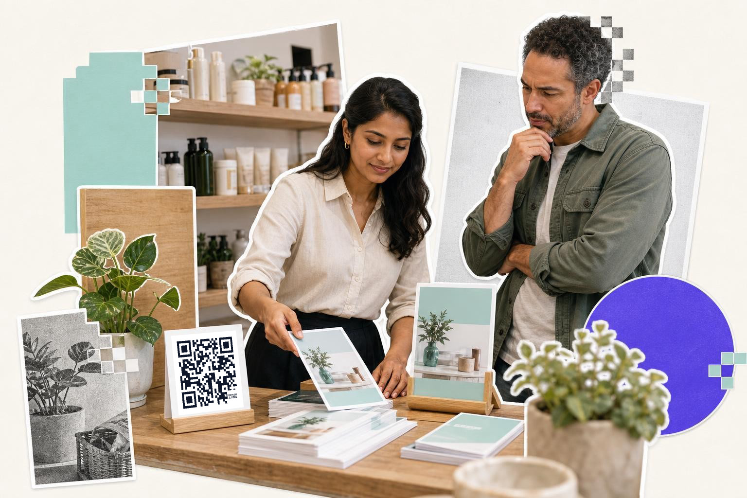 Two people in a store examining brochures with a QR code on a stand nearby.