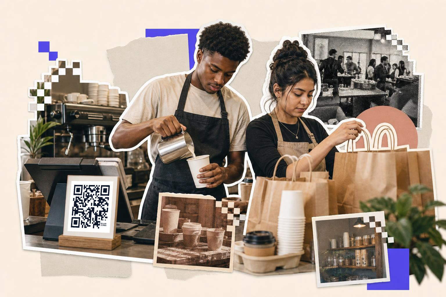 Two baristas working at a coffee shop counter with a QR code sign and takeaway bags.