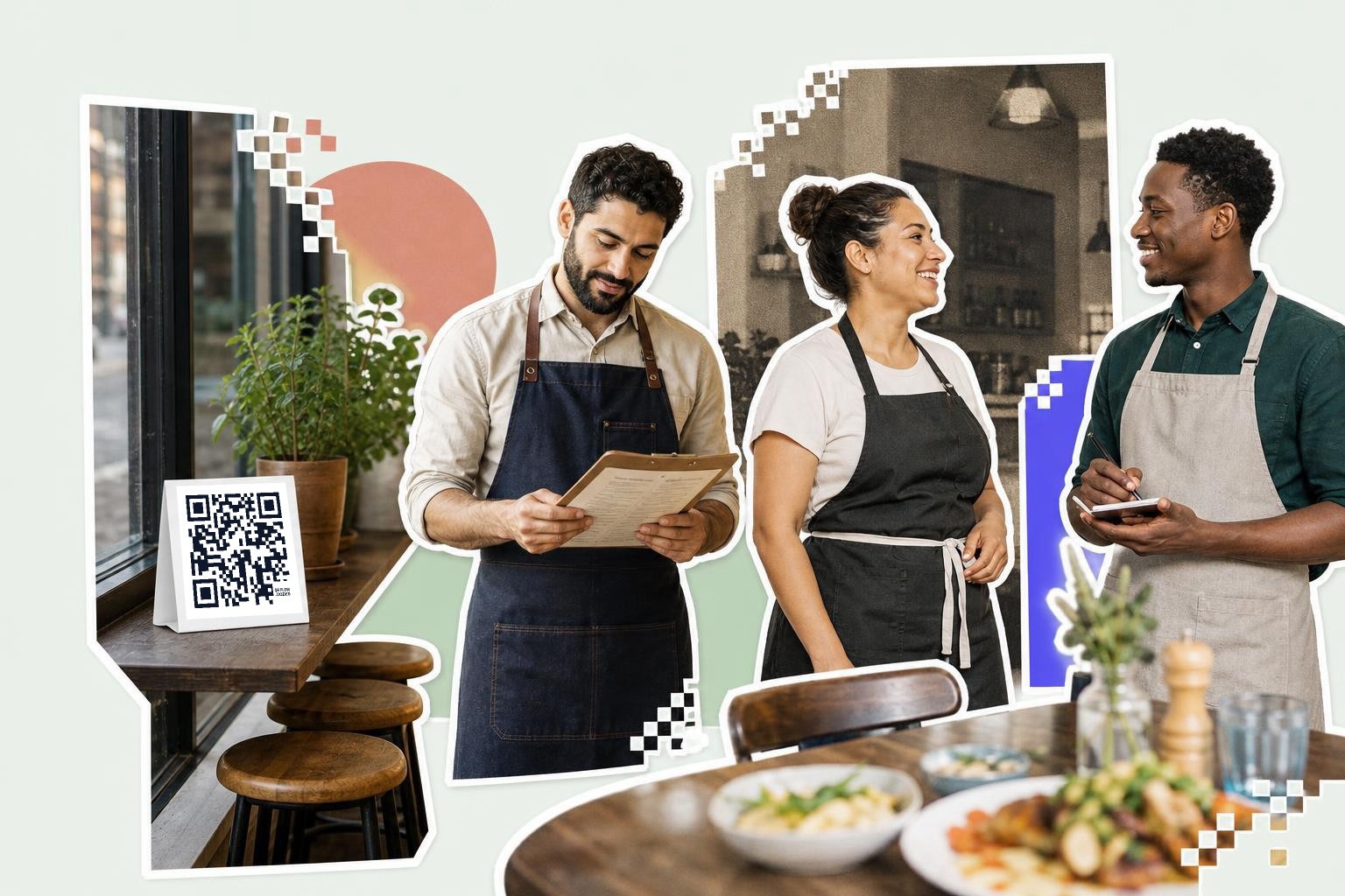 Three people in aprons talking in a restaurant with a QR code on a table.