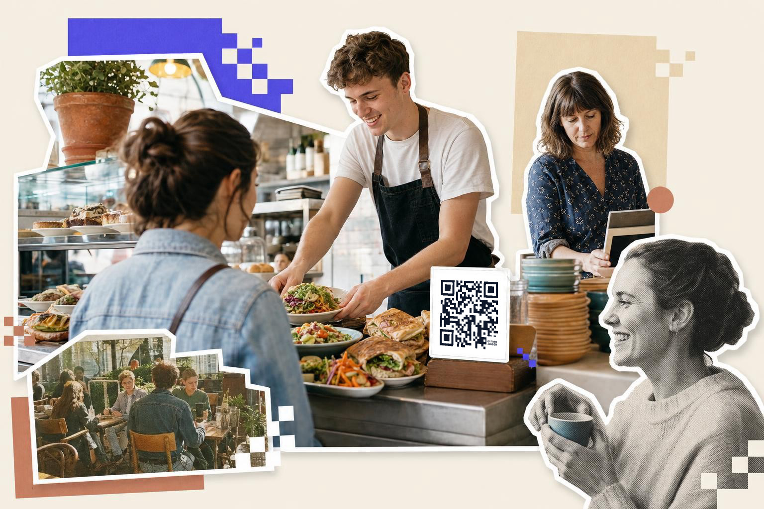 People in a cafe setting with a QR code card promoting the best QR code menu for restaurants.