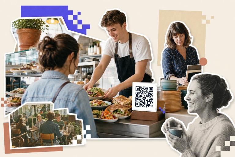 People in a cafe setting with a QR code card promoting the best QR code menu for restaurants.