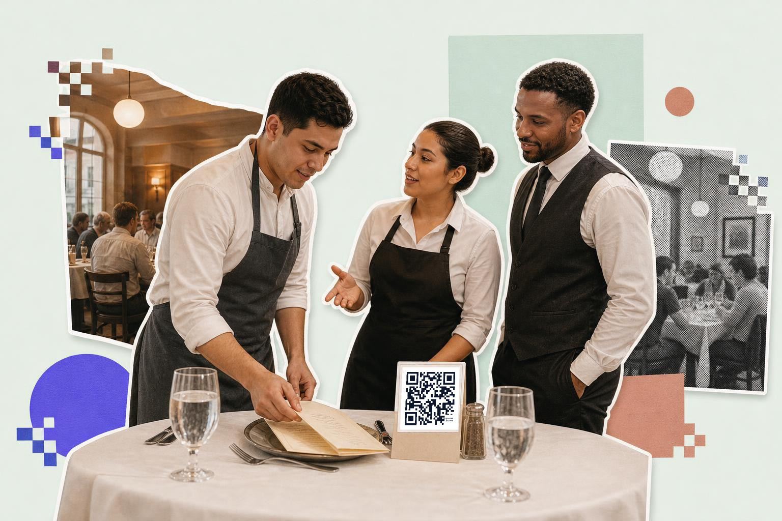Three restaurant staff discussing a menu at a table with a QR code card in a dining setting.