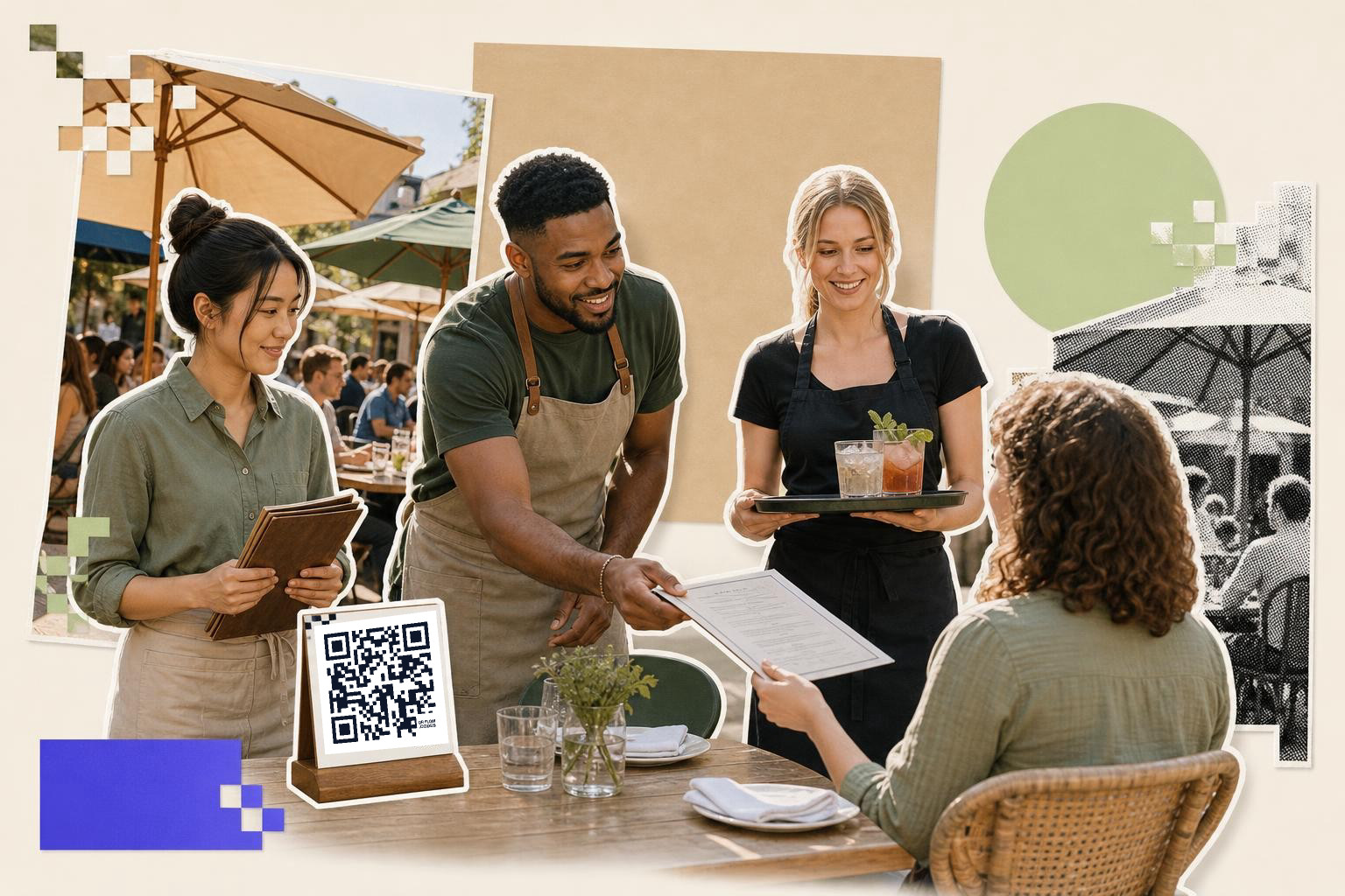 Three restaurant staff serve a seated customer outdoors with a QR code on the table.