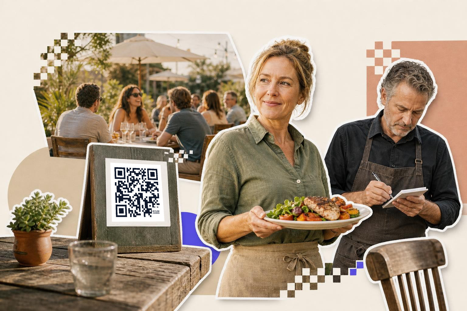 Woman holding a plate of food, man writing on a notepad, QR code on a table sign.