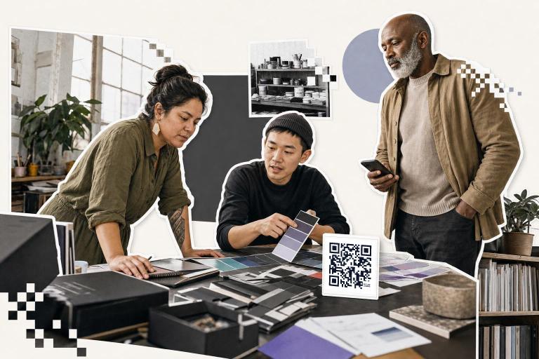 Three people discussing color swatches at a table with a QR code on a white card.