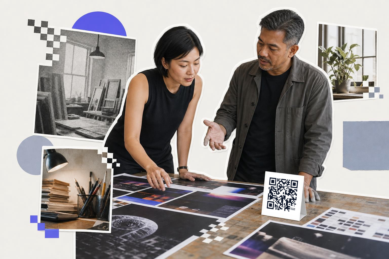 Two people discussing designs over a table covered with printed materials, a QR code card is visible on the table.