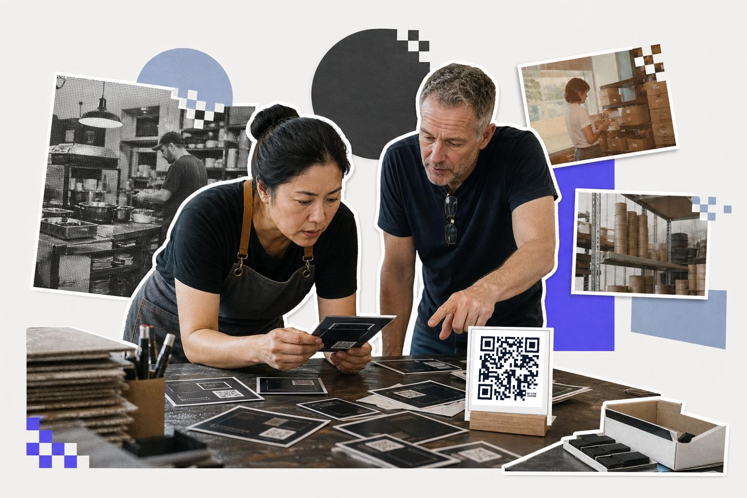 Two people examining cards on a table with a QR code sign nearby in a workspace.