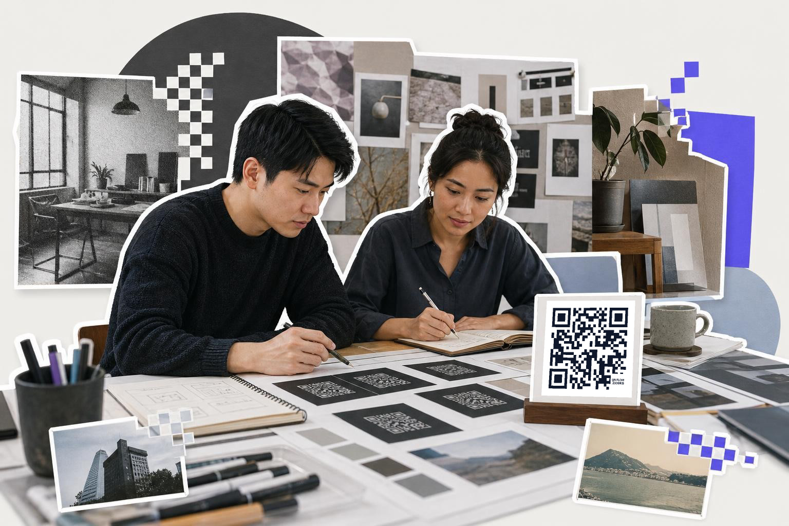 Two people sitting at a table writing with a QR code on a stand nearby in an art studio.