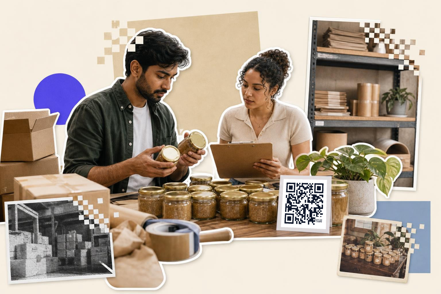 A man and a woman examine jars while holding a clipboard in a storage area with boxes and a QR code.