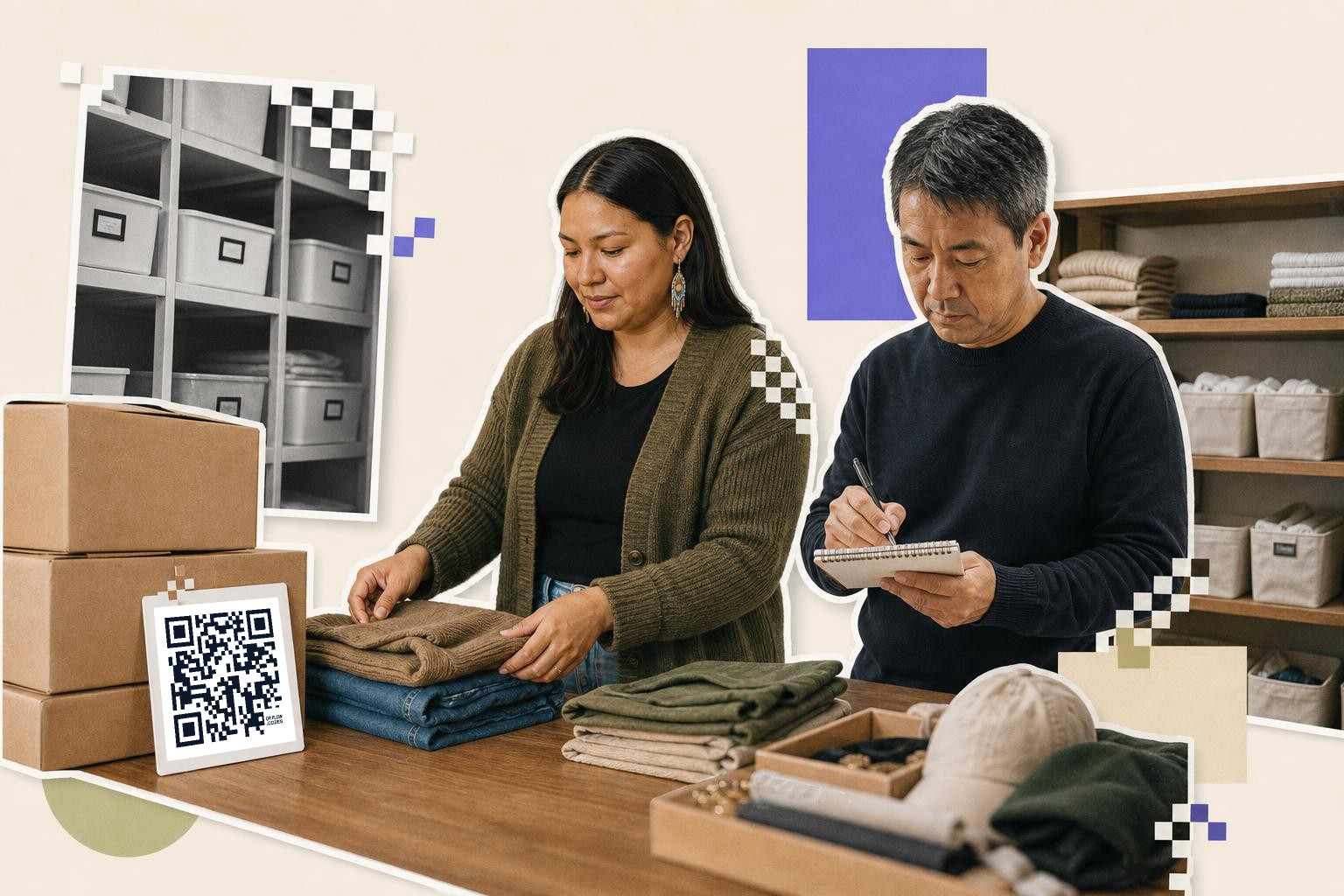 A woman organizes folded clothes while a man takes notes, with a QR code on a box in a storage area.