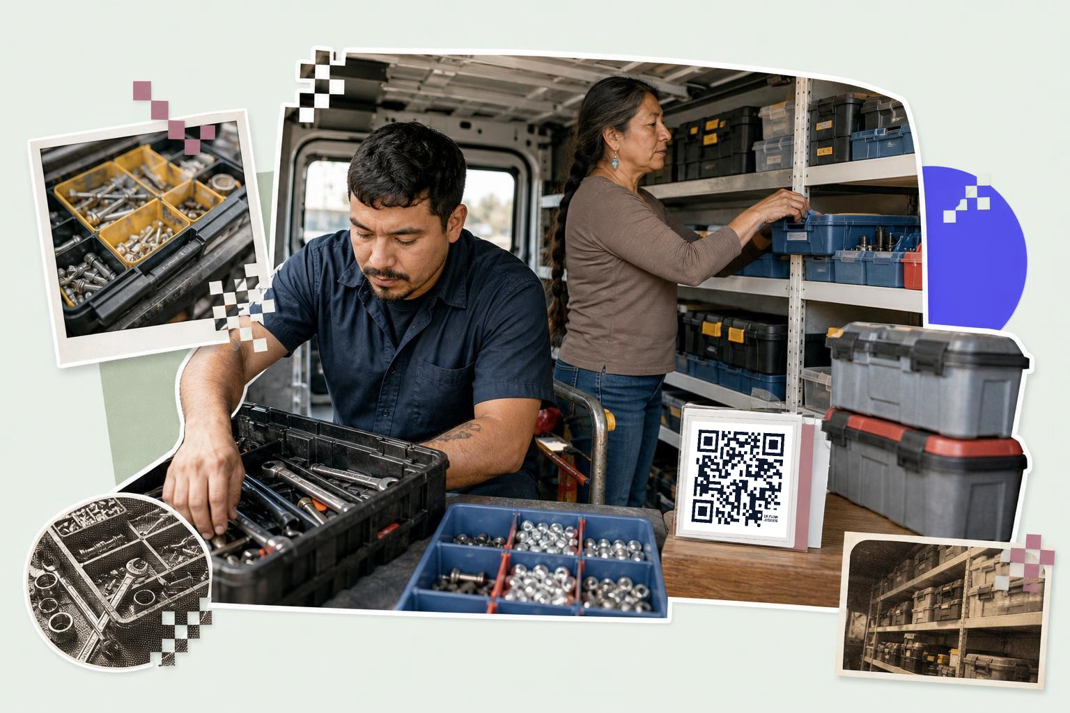 A man organizes tools in a van while a woman sorts items on shelves, a printed card with a QR code is visible.