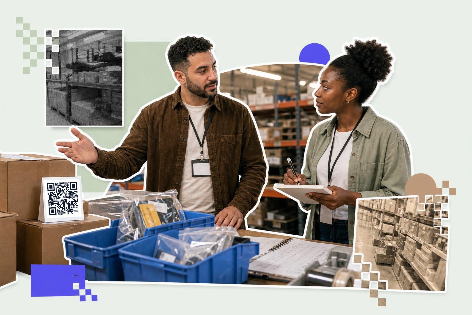 Two warehouse workers discuss inventory management while one holds a notepad, with a QR code visible on a box.