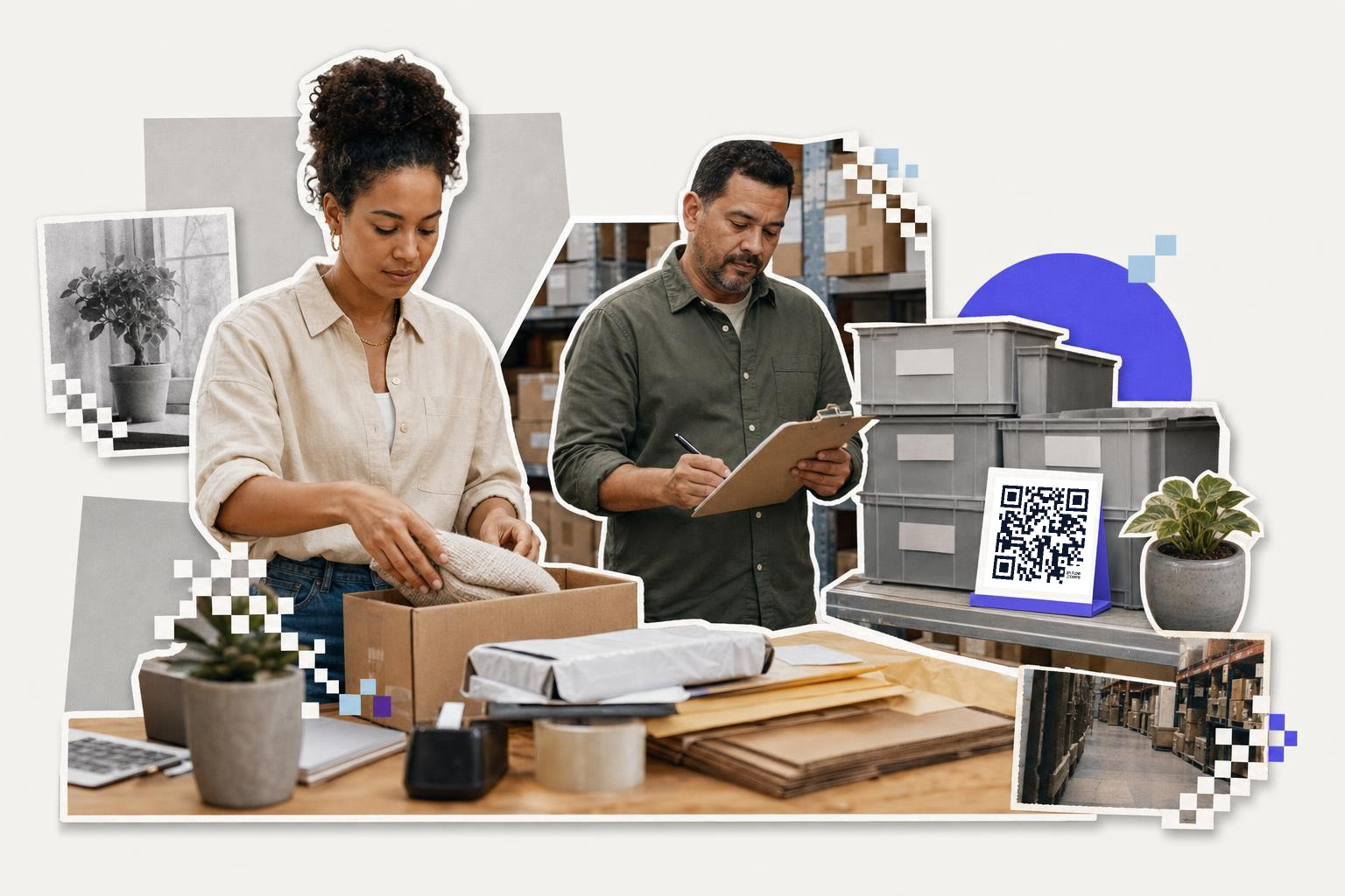 Two people in a warehouse packing boxes with a QR code for inventory tracking on a crate.