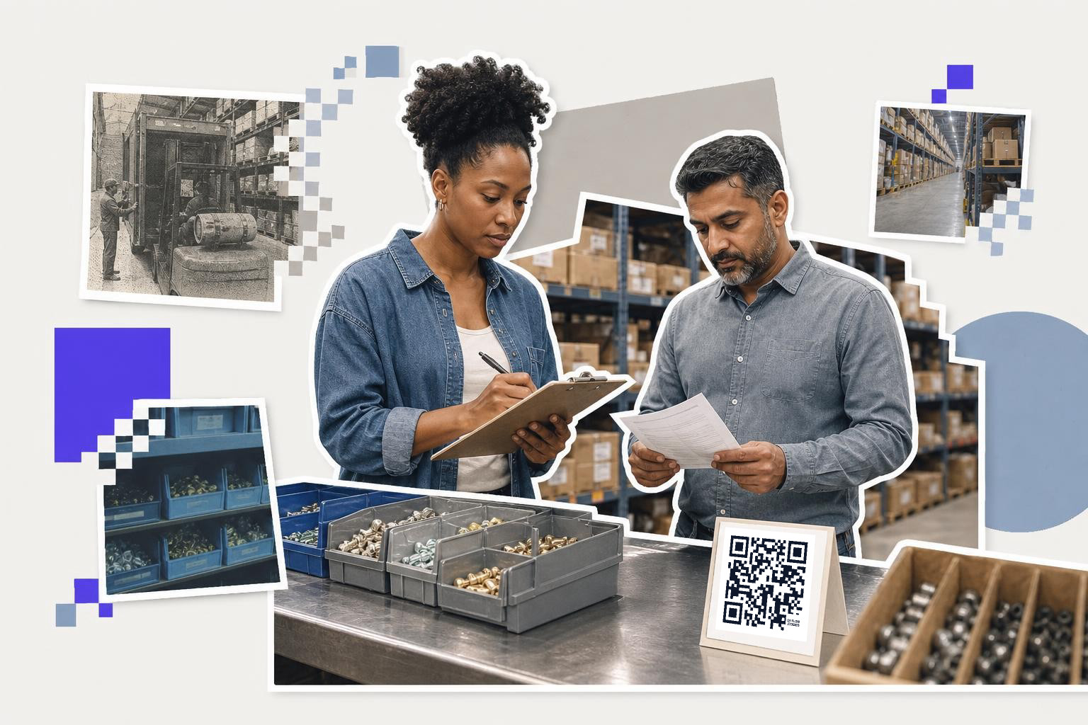 A woman with curly hair takes notes on a clipboard while a man reviews a printed document next to a QR code in a warehouse.