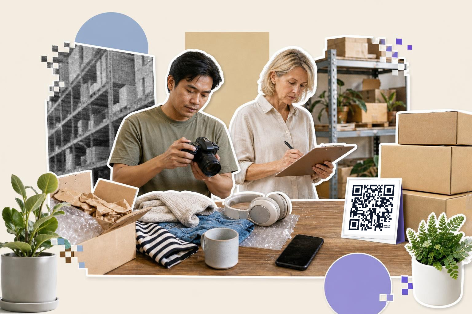 Two people working in a warehouse, one with a camera and the other writing on a clipboard, with a QR code on a table.