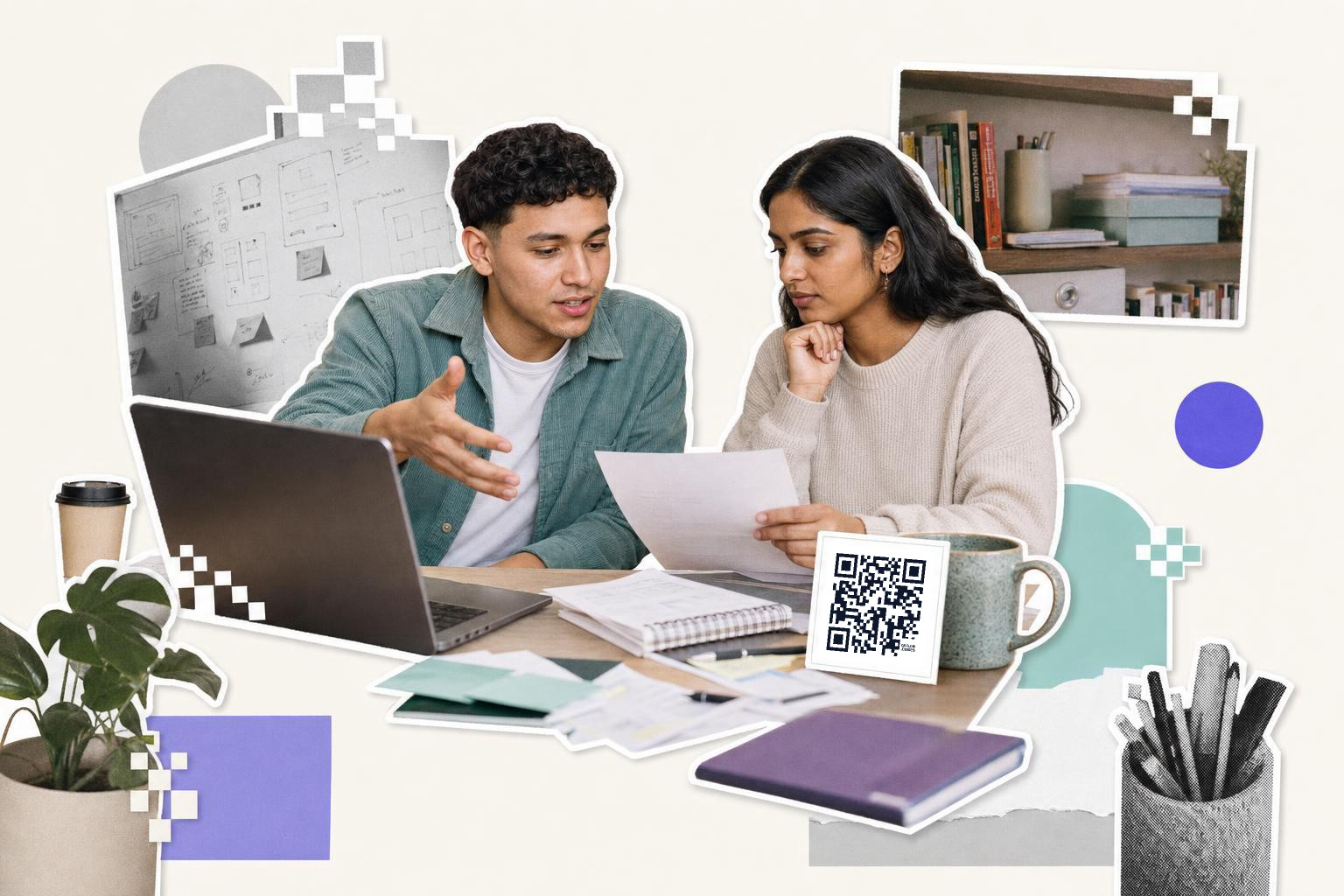 Two people discuss a document at a desk with a QR code card and laptop, exploring if Claude can generate QR codes.
