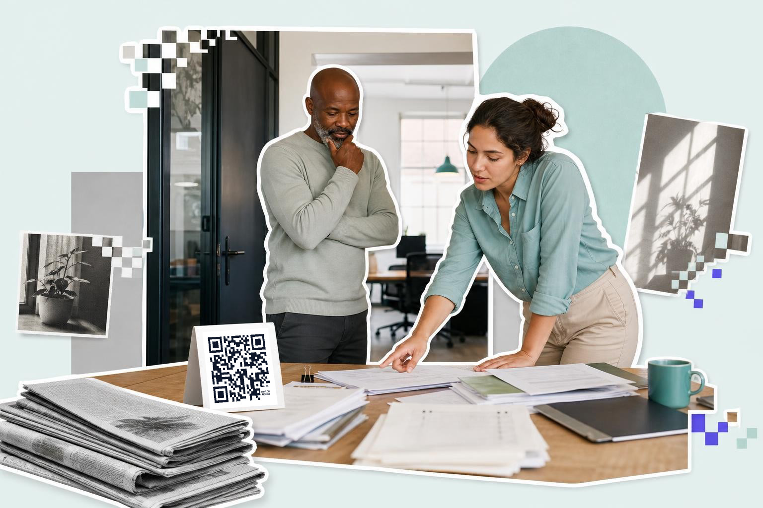 Two people in an office reviewing documents on a table with a QR code card nearby.