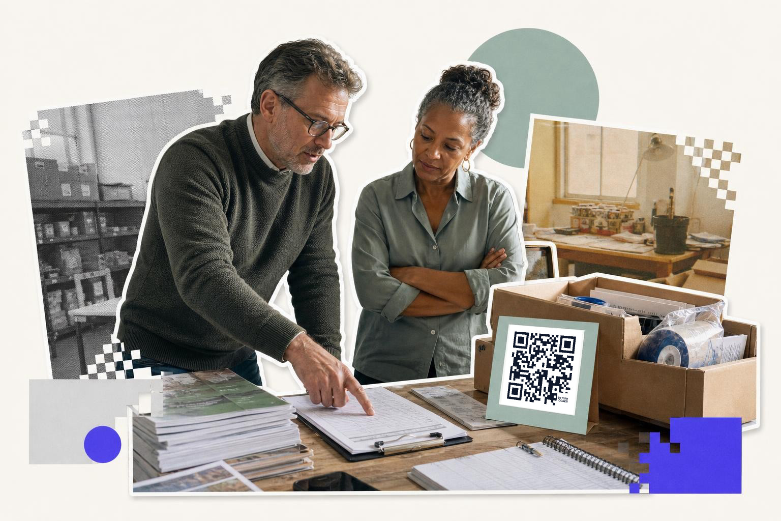 Two people reviewing documents at a table with a QR code on a box nearby.