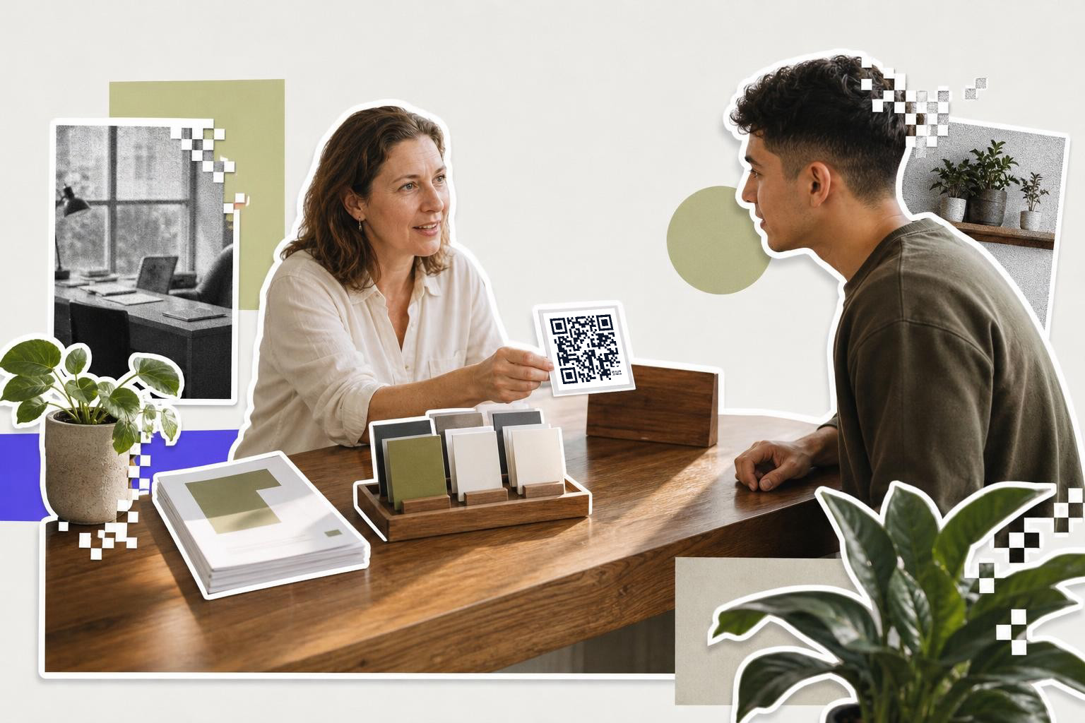 Woman showing QR code card to man across a wooden desk with plants and decor around.