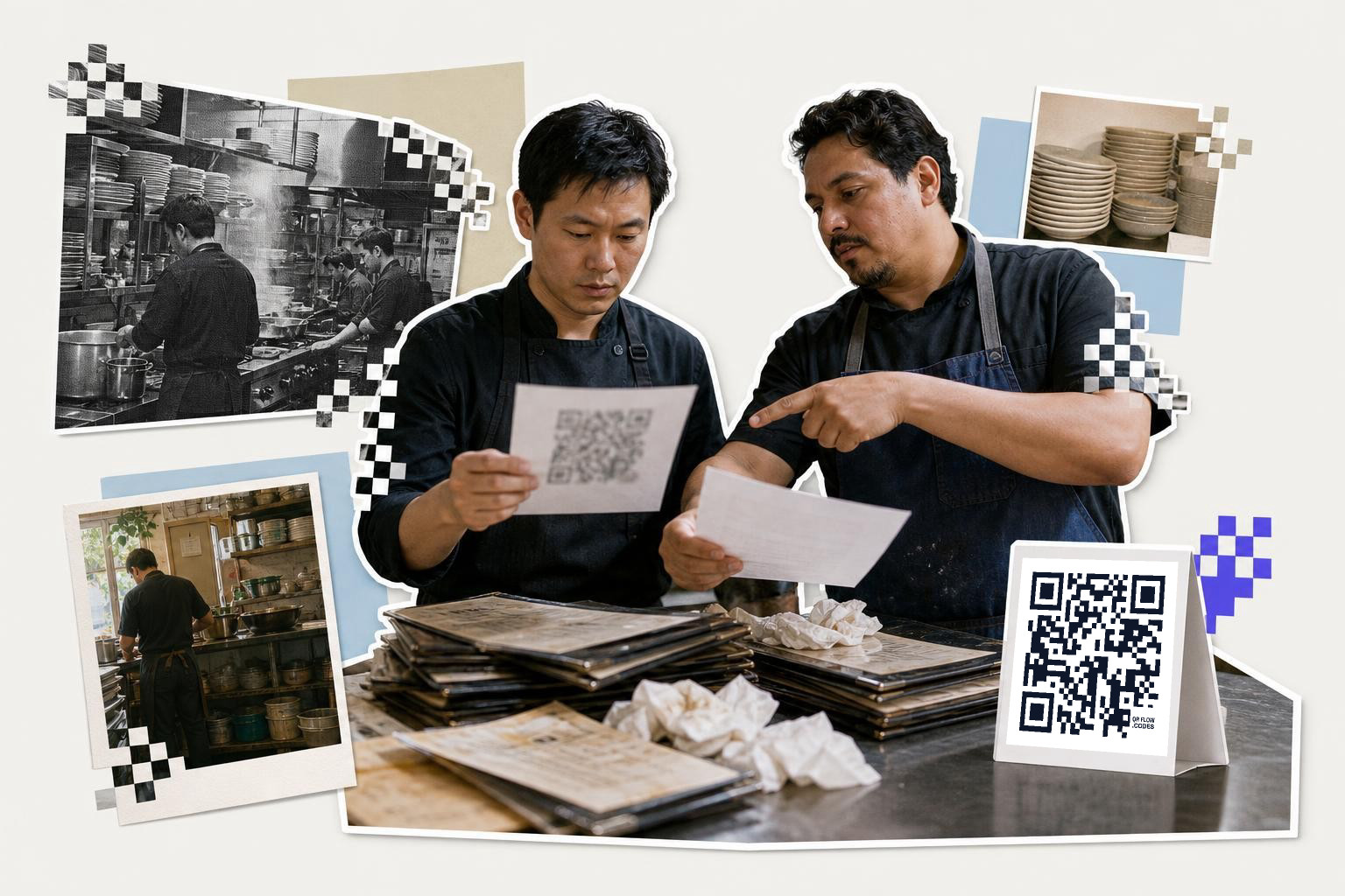 Two chefs in a kitchen examining a paper with a QR code, surrounded by kitchen scenes.