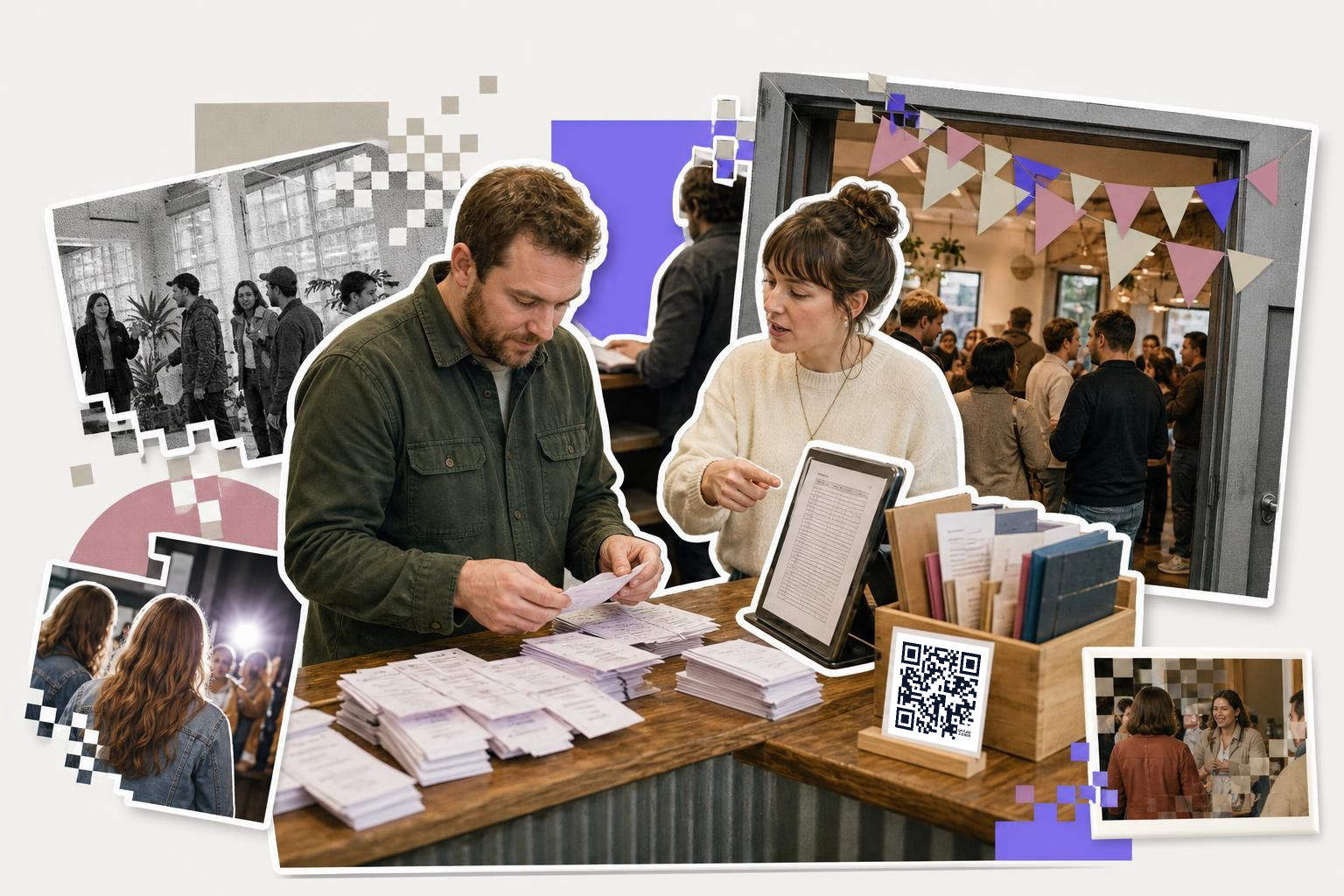 Man and woman sorting papers at a table with a QR code sign in a busy room.