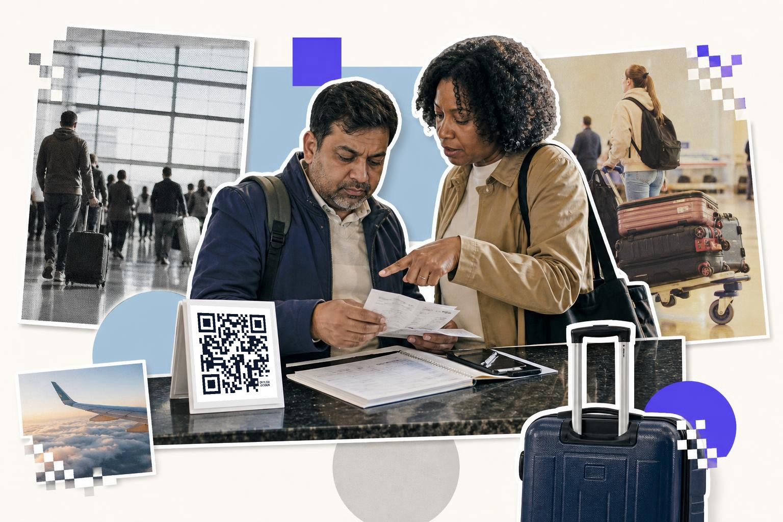 Two people at an airport counter examining documents with a QR code on the desk.