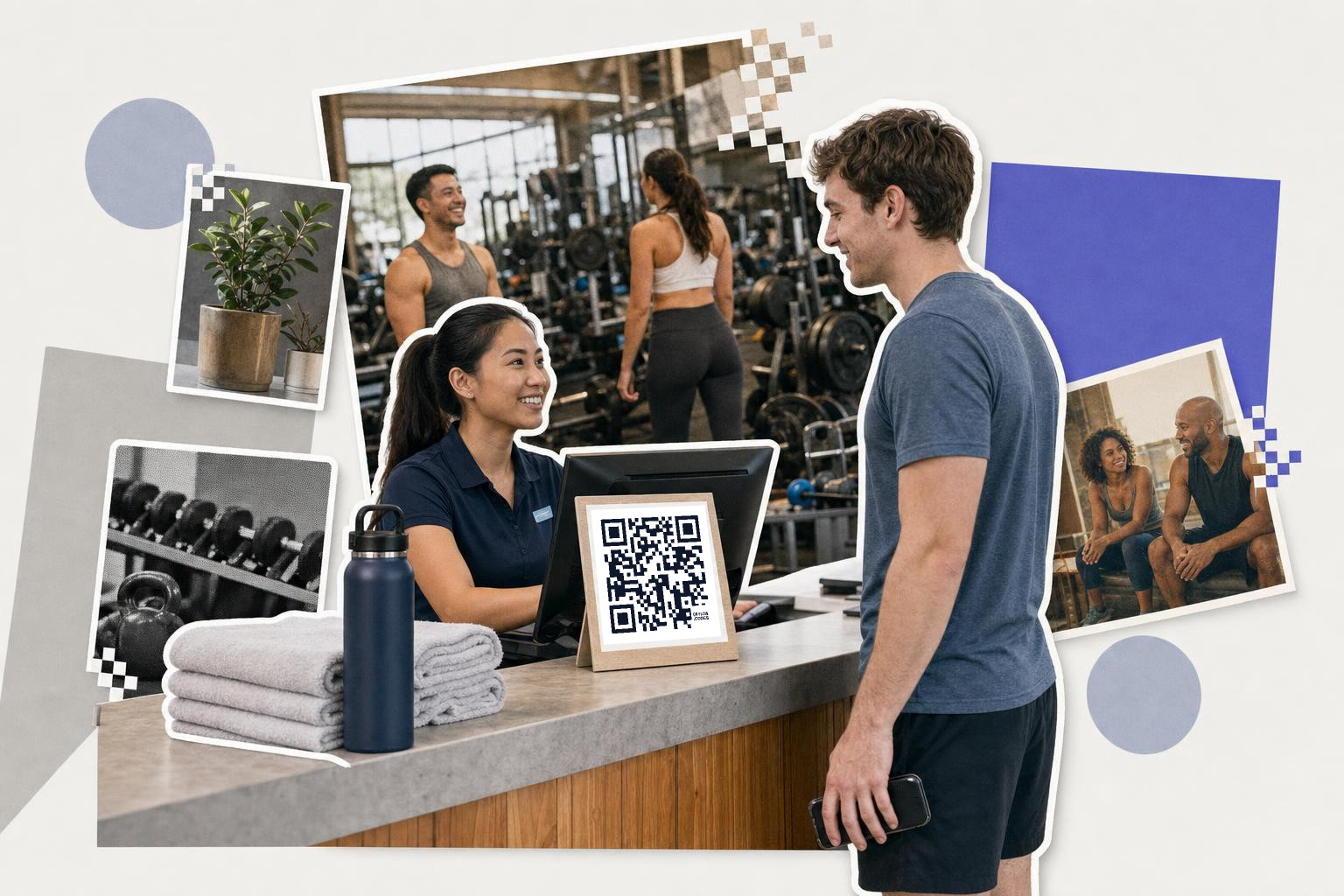 Gym reception with QR code sign, people exercising, and a plant on the counter.