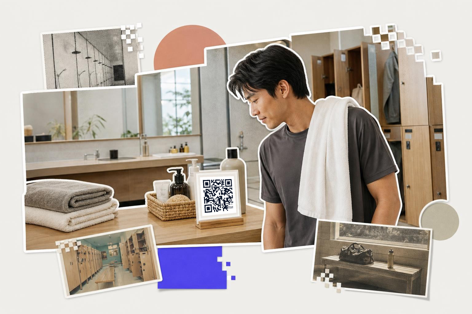 Man with towel in locker room beside toiletries and QR code on counter.