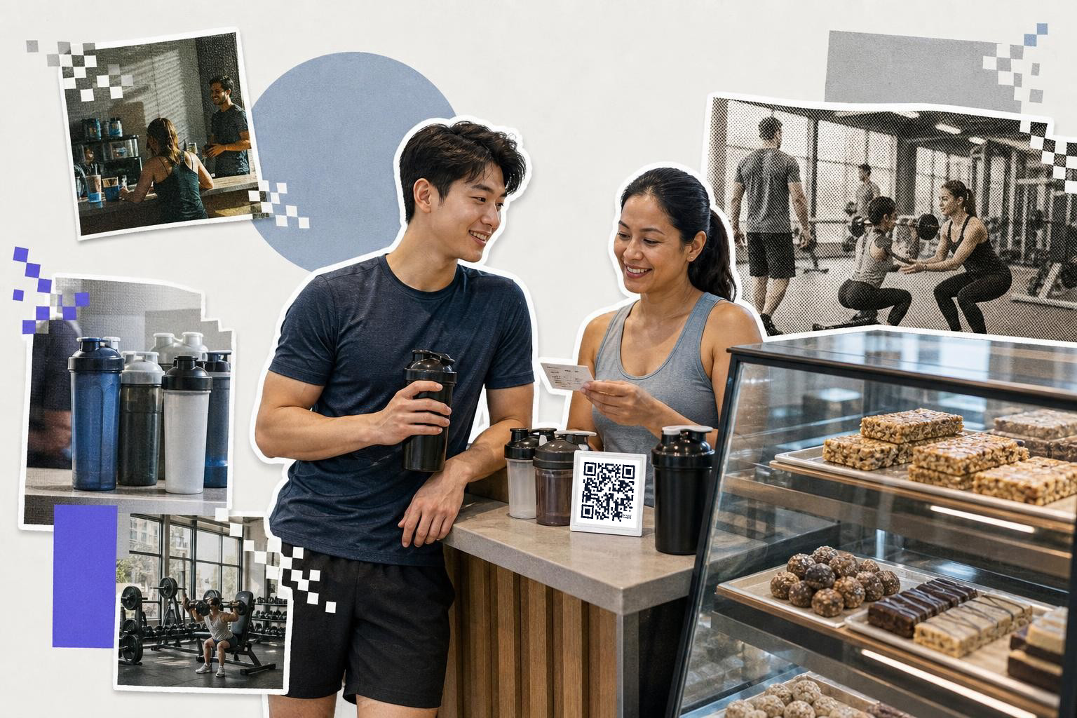 Two people in gym attire look at a card with a QR code near a display of snacks.