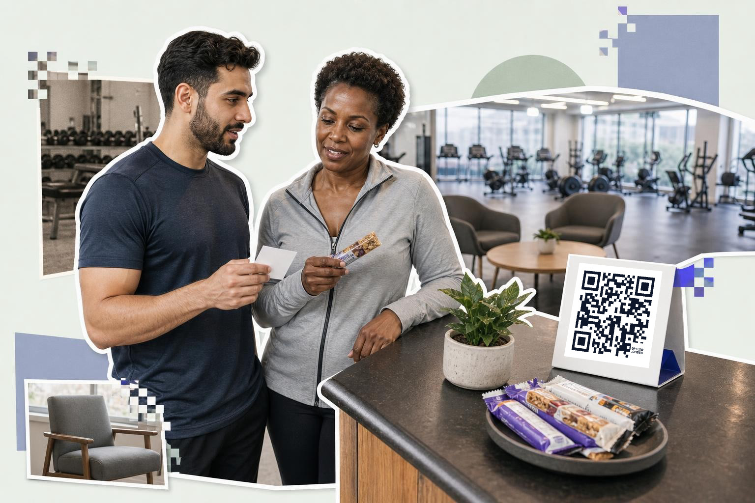 Two people in a gym holding a card and snack bar near a QR code display.