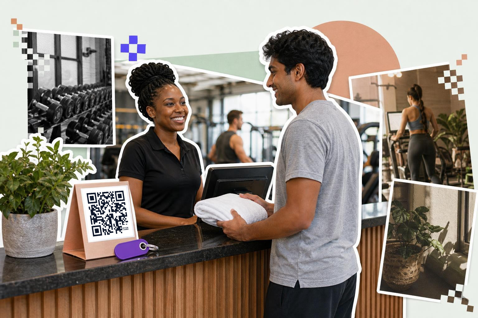 Two people at a gym reception desk with a QR code sign and exercise equipment in the background.