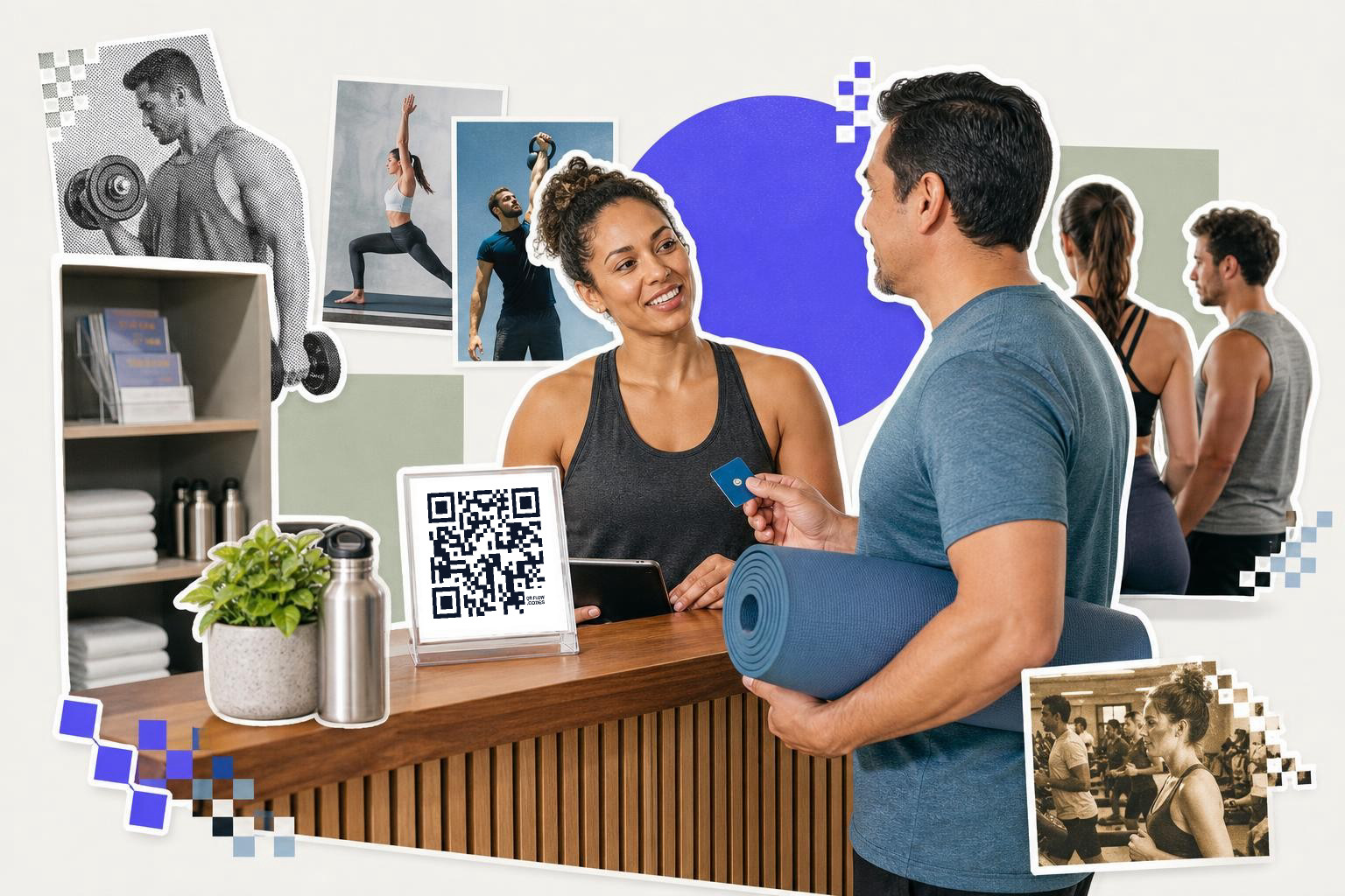 Two people at a gym reception desk with a QR code sign, yoga mat, and fitness photos.