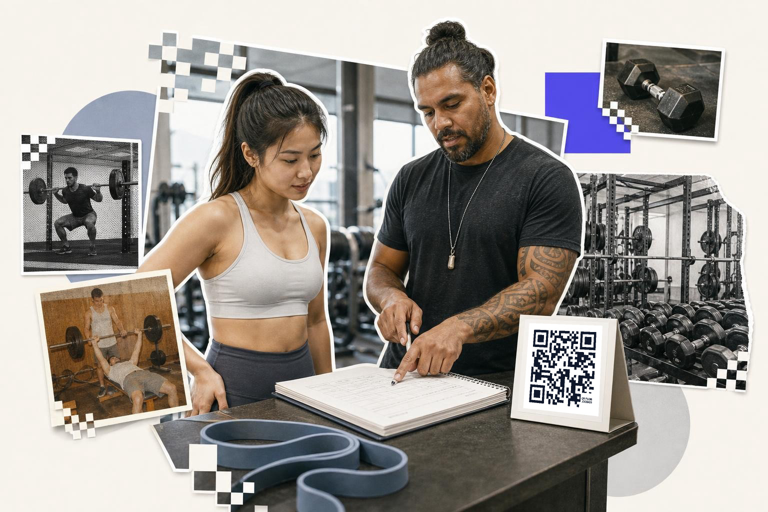 Two people in a gym reviewing a notebook with a QR code on a stand nearby.