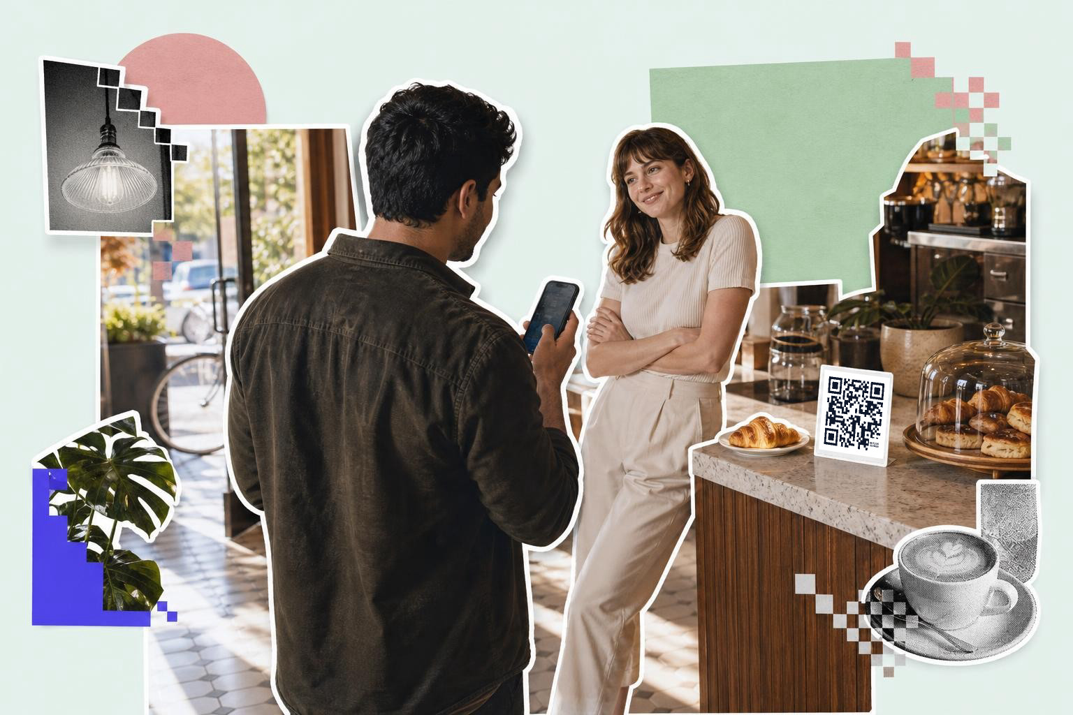 Man holding phone facing woman in cafe with pastries and QR code on counter.