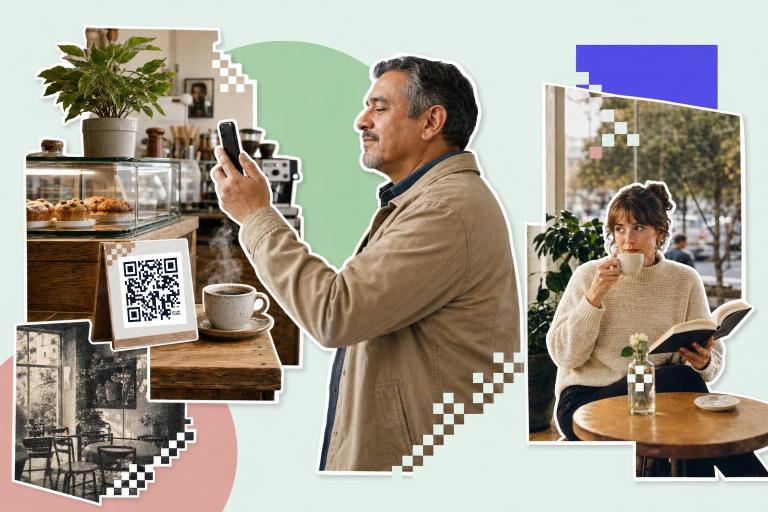 Man scans QR code on table in cafe while woman reads and drinks coffee nearby.