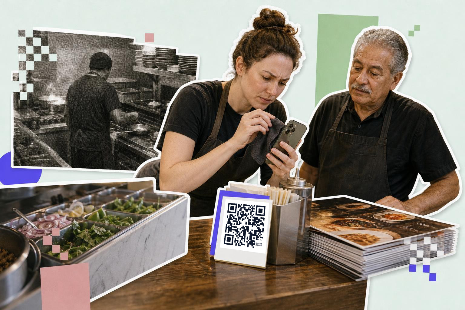 Two people in aprons look at a phone near a QR code on a restaurant counter.