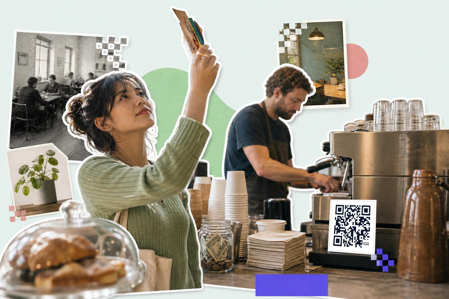 Woman holding photos in a cafe with a barista making coffee and a QR code on the counter.