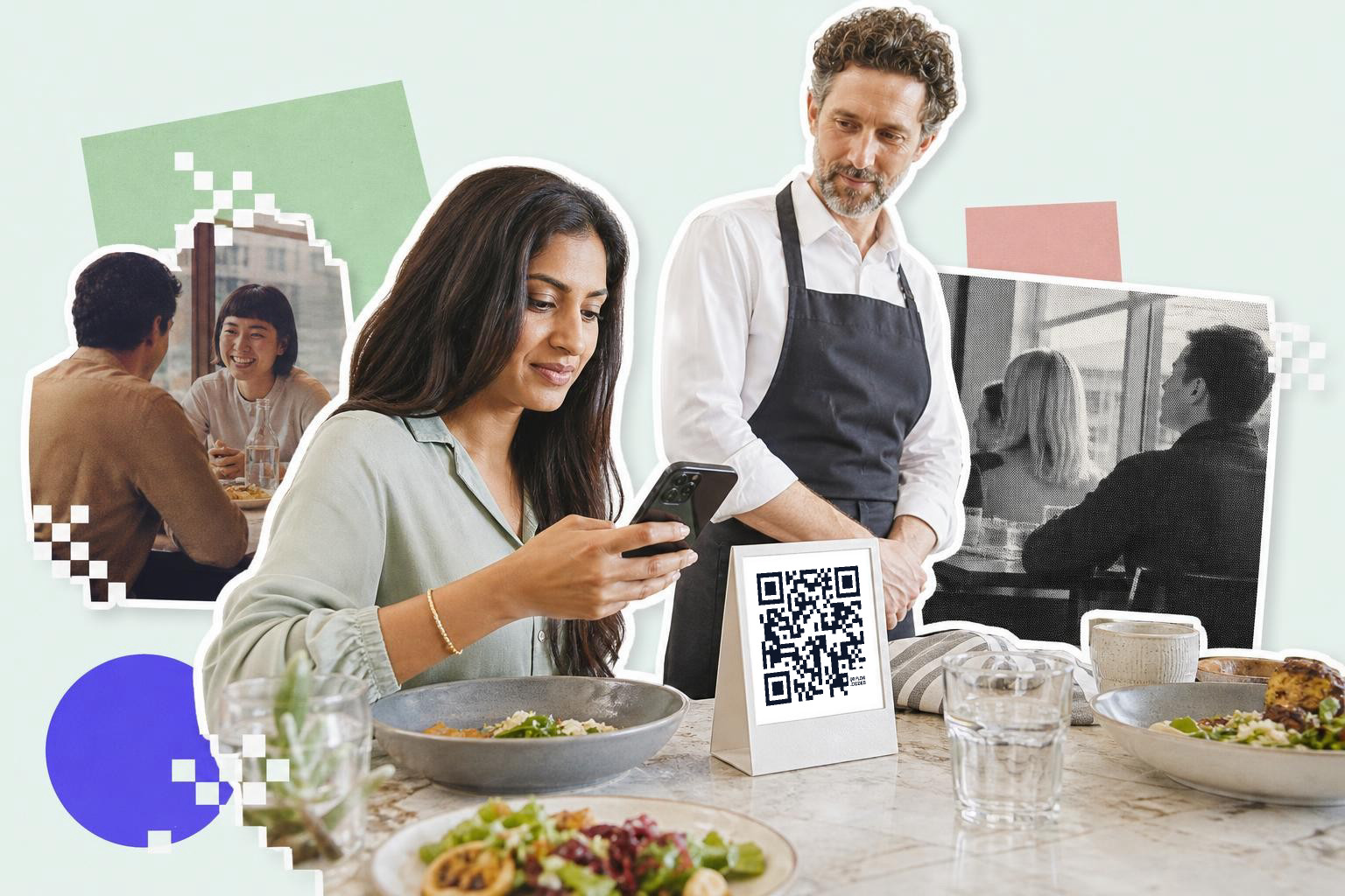 Woman scans QR code at restaurant table with waiter nearby and other diners in background.