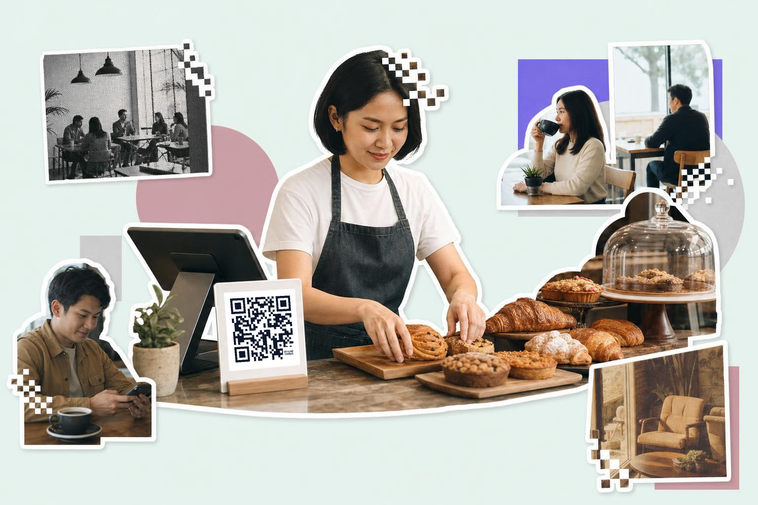 Barista arranging pastries near a tablet with a QR code card, surrounded by cafe scenes and pixelated edges.