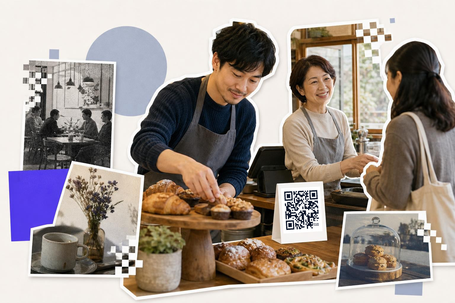 Two people in aprons serve a customer at a bakery counter with pastries and a QR code card.