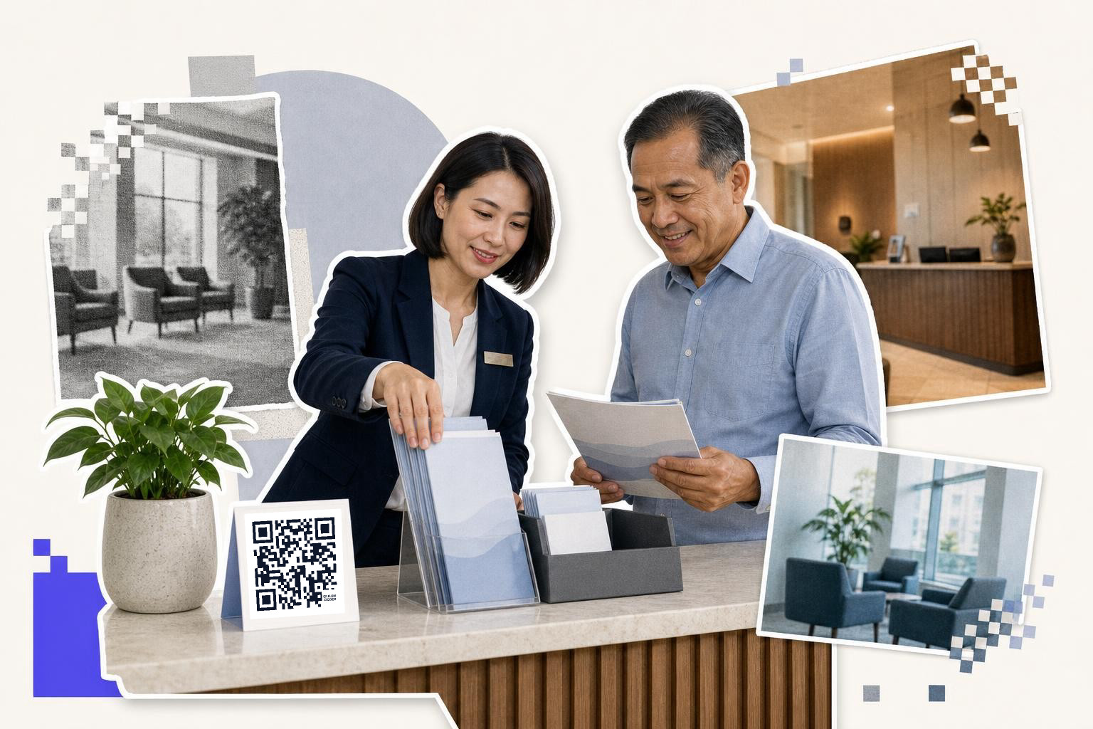 Two people at a counter with brochures and a QR code, surrounded by office photos.