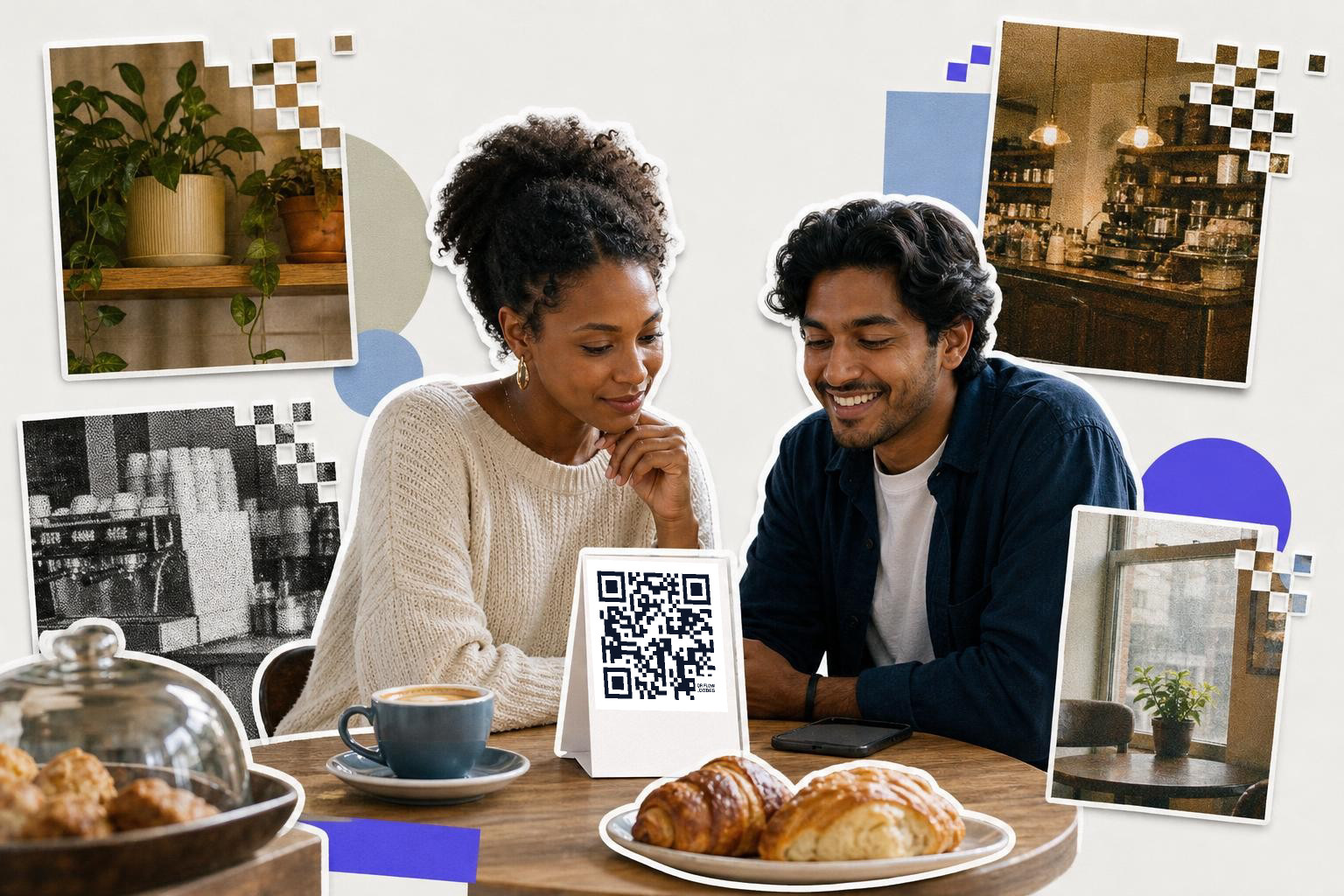 Two people sitting at a table with pastries and a QR code card in a cafe setting.