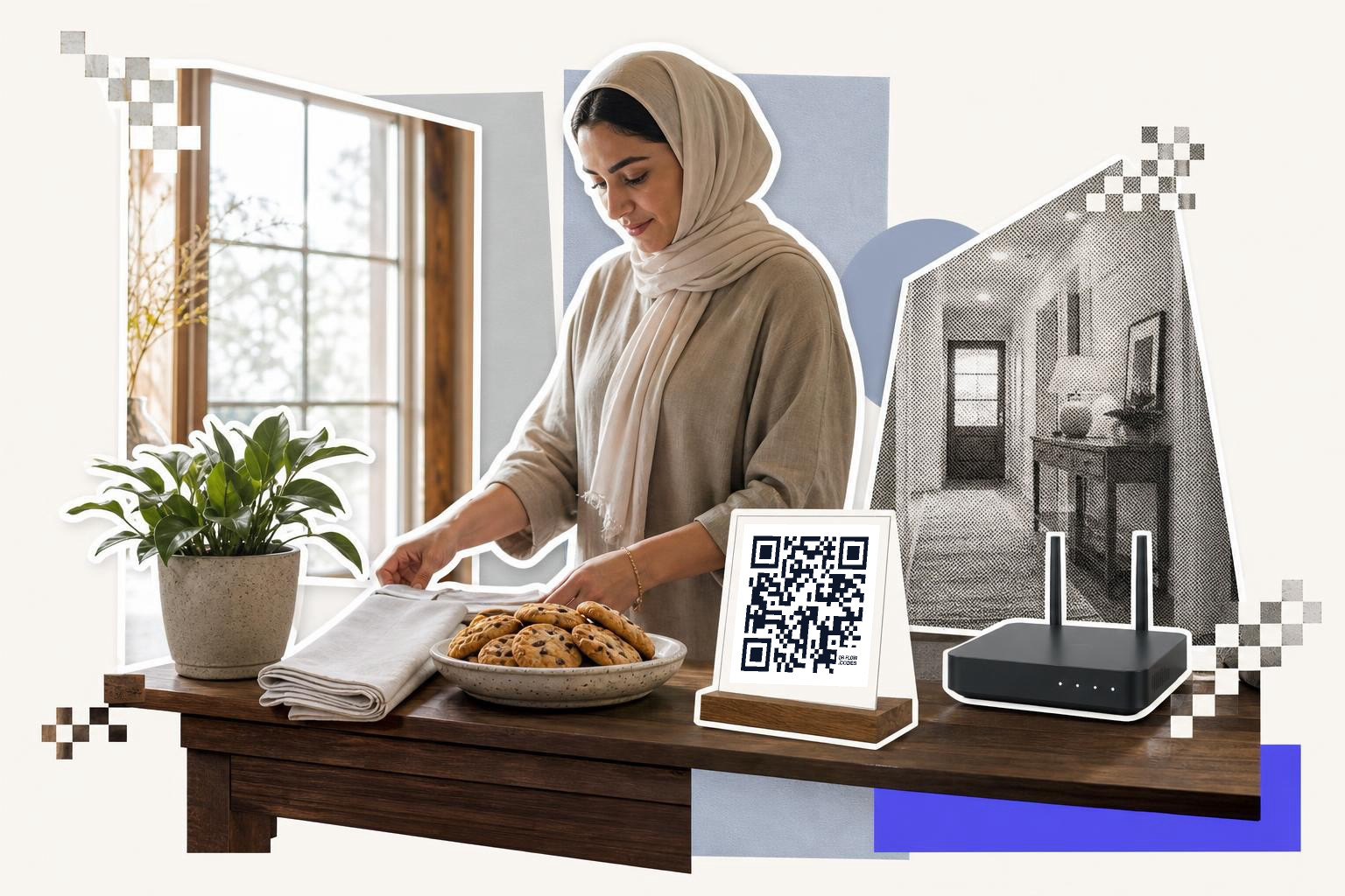 Woman in headscarf folding napkin beside cookies, plant, QR code, and router on wooden table.
