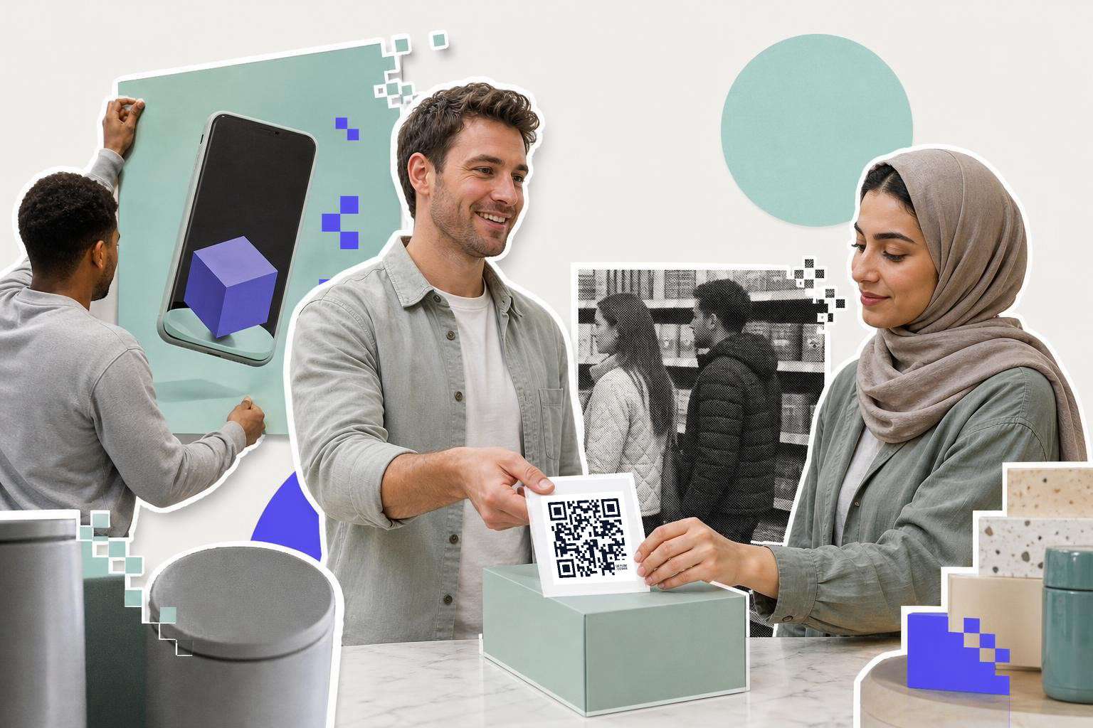 Man hands a printed QR code card to a woman at a counter, with photos and app icons pinned on the wall behind them